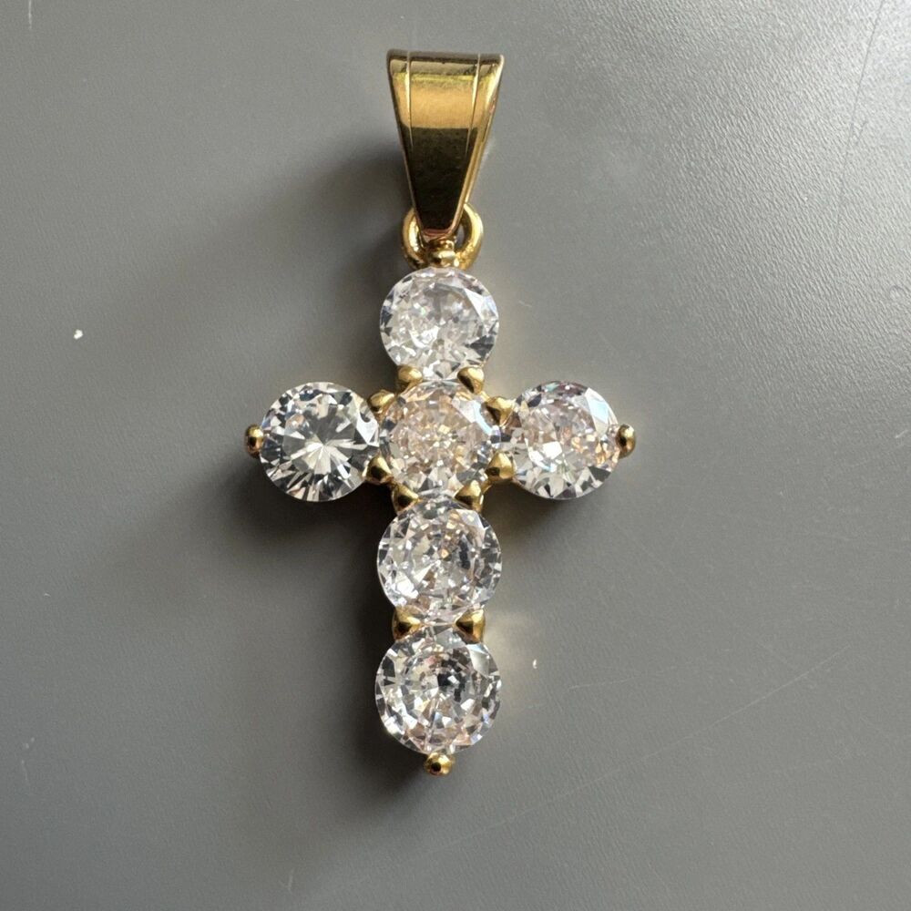 Cross Pendant Round Cubic Zirconia 24” Chain Gold Plated Religious Faith Gift